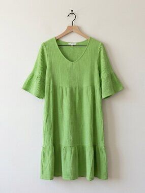 Parker and Rowe Gauze Tier Dress Green Bell Sleeve Cotton Size S